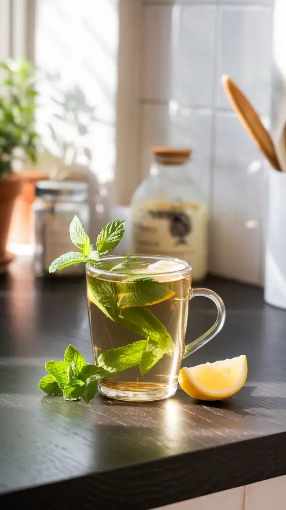 Fresh mint tea in clear glass cup with vibrant mint leaves and lemon slice, reflecting the herb-forward beverages common in Mediterranean Blue Zones diets.