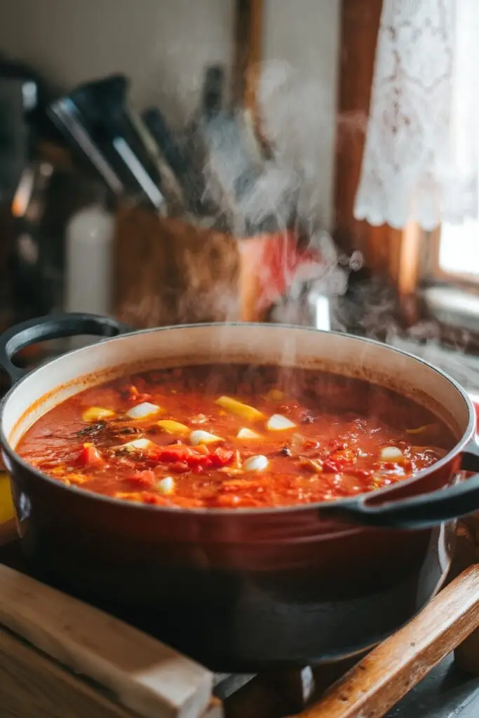 A steaming pot of tomato-based minestrone soup on a stove with a rustic kitchen setting.