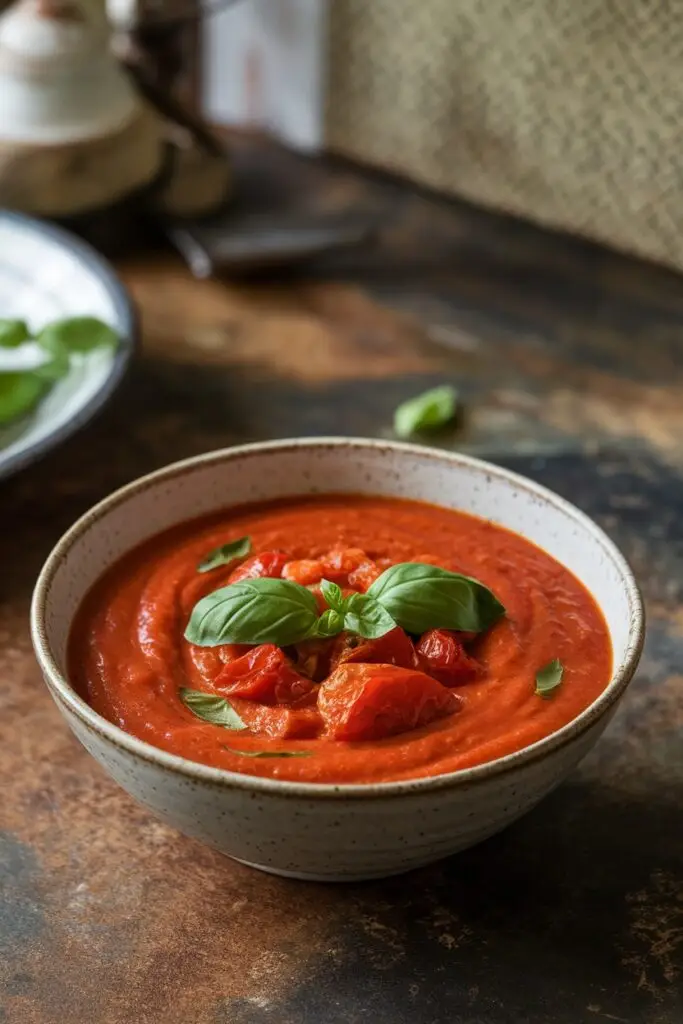 Roasted tomato soup in rustic ceramic bowl with visible tomato chunks and fresh basil garnish on wooden table.