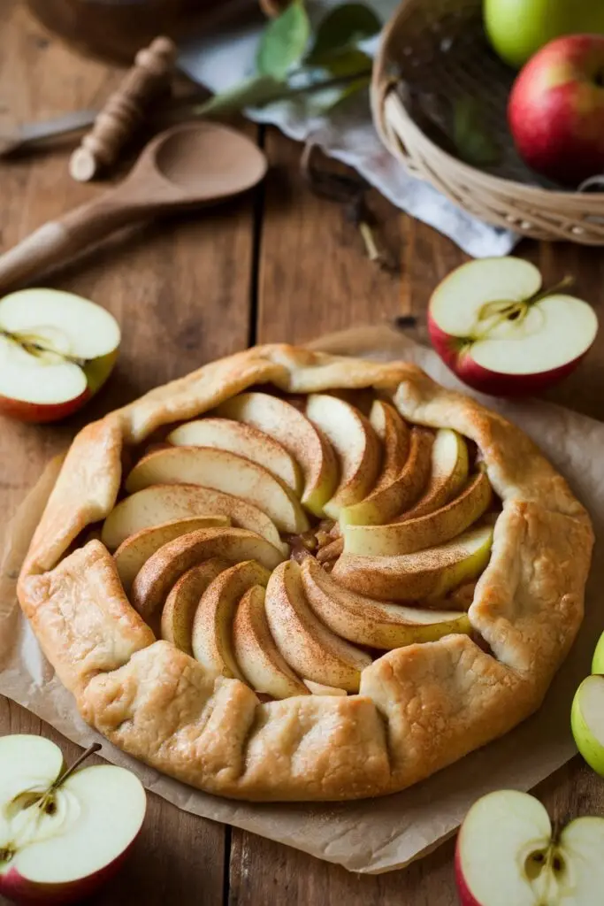 Classic apple cinnamon galette with thinly sliced apples arranged in a spiral pattern, exemplifying the rustic elegance of traditional French free-form tarts.