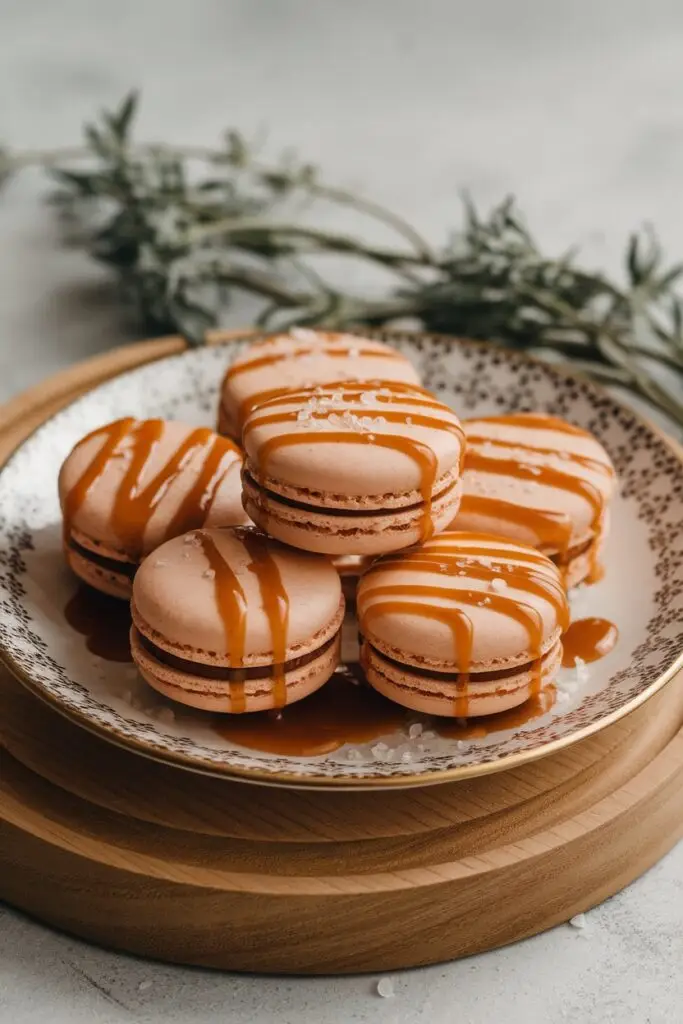 A plate of salted caramel macarons drizzled with caramel sauce and sprinkled with sea salt.