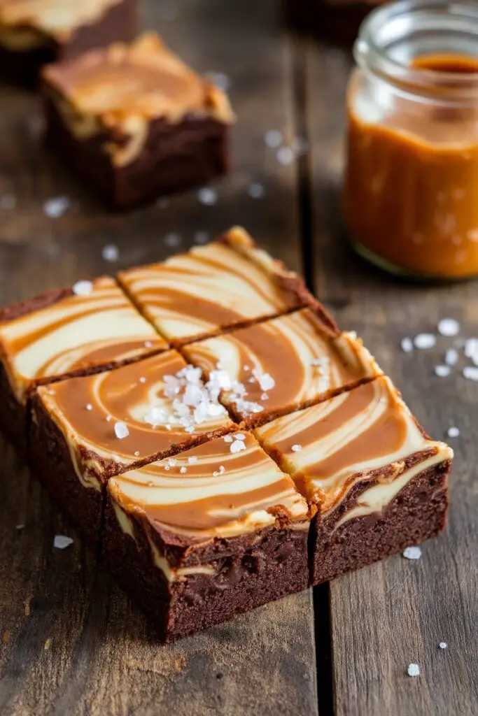 Fudgy chocolate brownies with cream cheese and caramel swirl topping sprinkled with sea salt flakes, cut into squares on a wooden surface