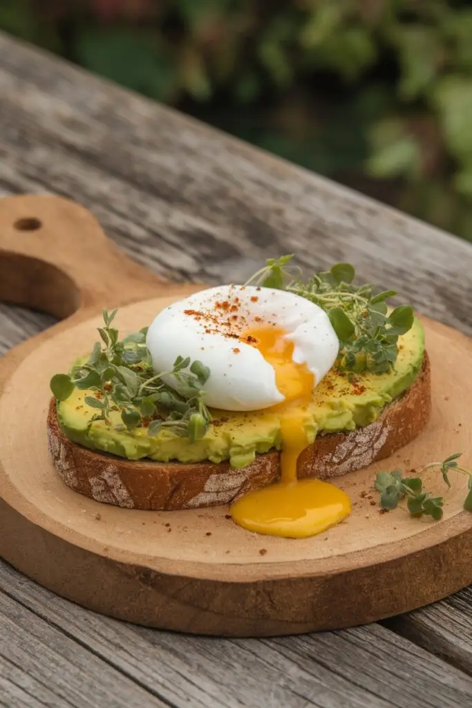 Avocado toast topped with a perfectly poached egg with runny yolk and fresh microgreens on a slice of artisanal bread, served on a round wooden board with a sprinkle of spices.