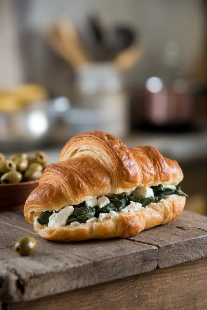 A savory croissant sandwich filled with spinach and white cheese (likely feta) on a wooden cutting board, with a small bowl of green olives visible to the side.