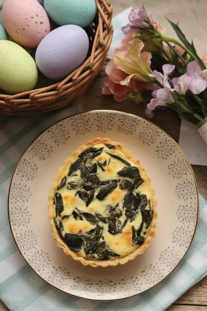 Egg-shaped spinach and cheese quiche on a decorative plate, accompanied by pastel-colored Easter eggs in a wicker basket and spring flowers.