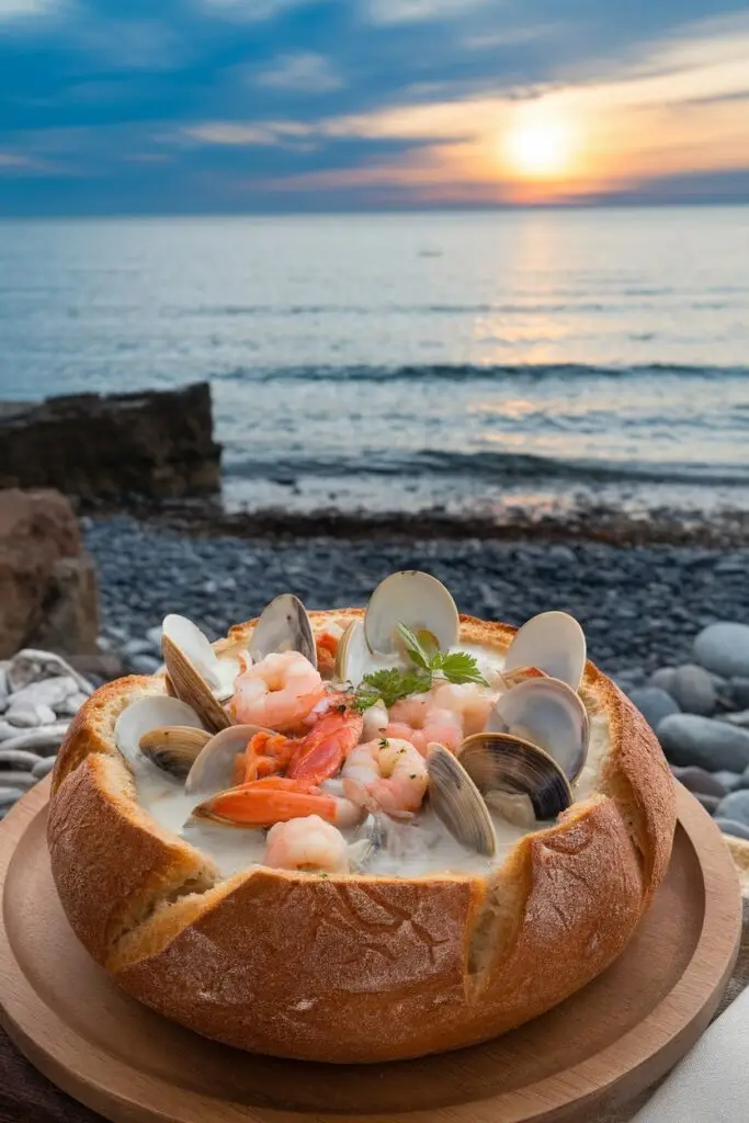 Seafood clam chowder served in a hollowed-out sourdough bread bowl featuring visible clams, pink shrimp, and white fish in a creamy broth, presented on a wooden plate against a stunning coastal sunset background with ocean waves visible.