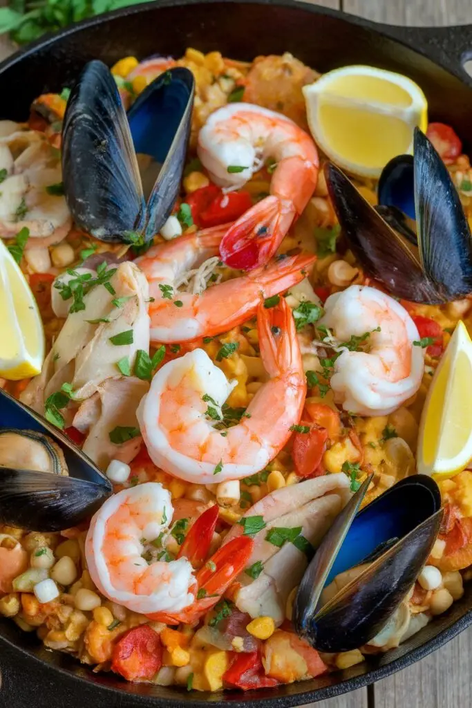 Seafood jambalaya featuring large shrimp, open blue mussels, and white fish chunks garnished with fresh herbs and lemon wedges.