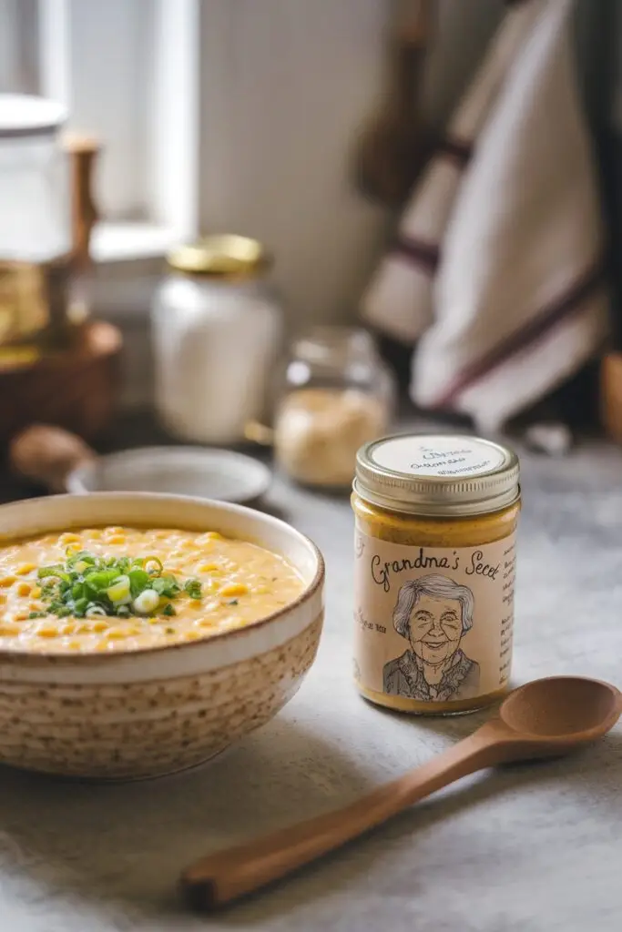 Homemade corn chowder in an earthenware bowl with green onion garnish and a jar of "Grandma's Secret" seasoning, a heritage recipe like traditional Easter ham recipes.