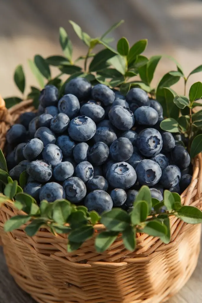 A basket filled with fresh blueberries, accented with green leaves.