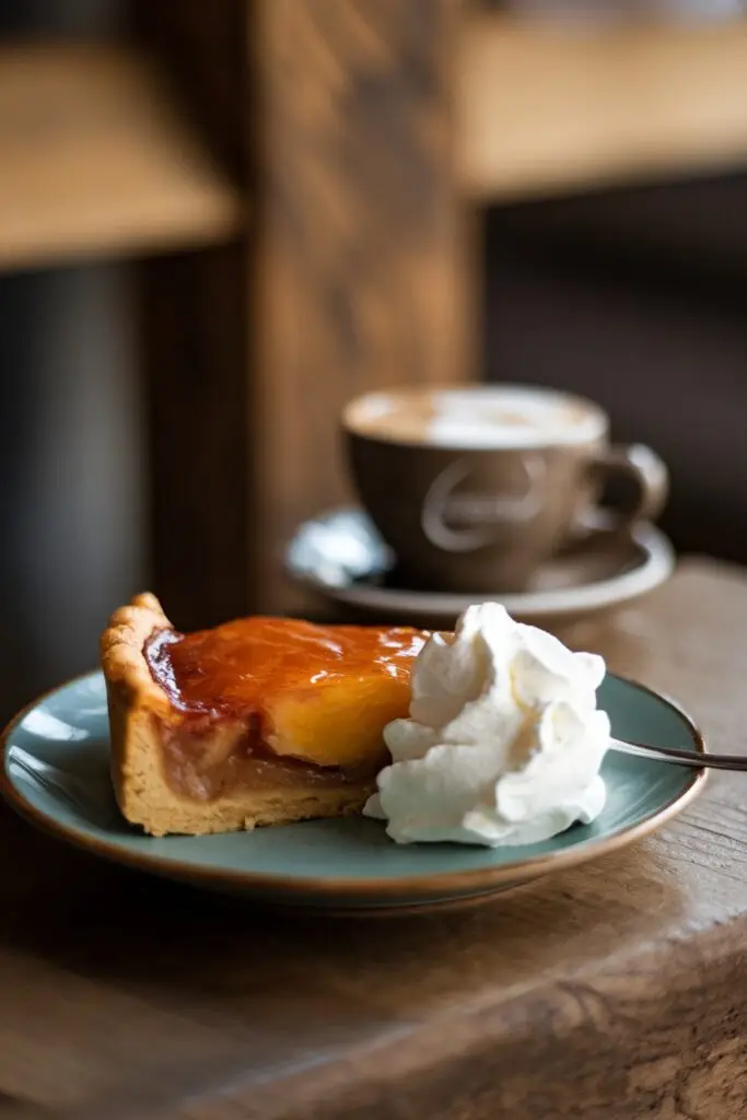 A slice of tarte tatin served on a teal plate with a dollop of whipped cream alongside a cup of coffee in a brown cup and saucer on a wooden table.