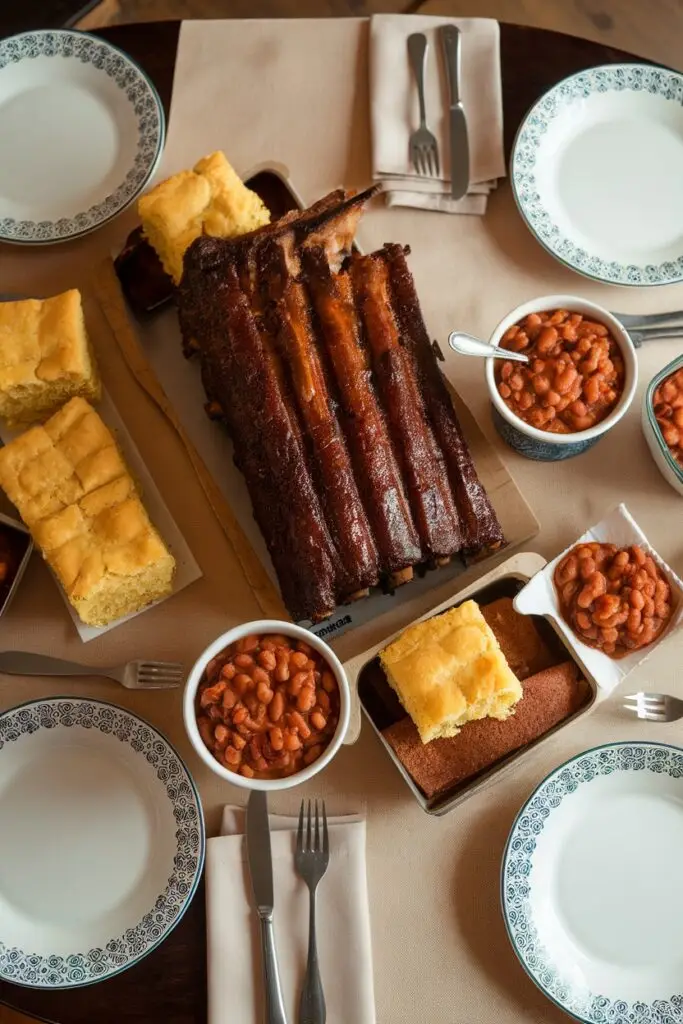 Overhead view of a BBQ feast with rack of spare ribs on butcher paper, surrounded by cornbread, baked beans, plates, and silverware on a wooden table.