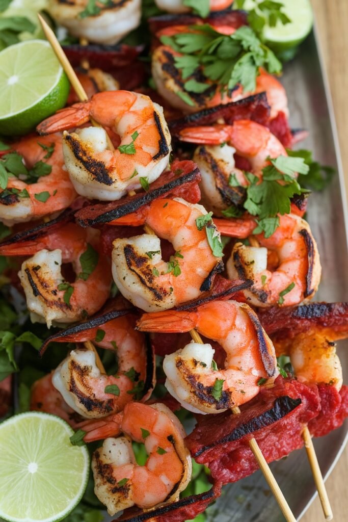 Grilled shrimp and chorizo skewers garnished with fresh cilantro and lime wedges.