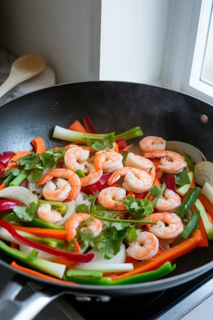 Healthy stir-fried shrimp with colorful bell peppers, onions, celery, and fresh cilantro in a black wok, steam rising to indicate active cooking.