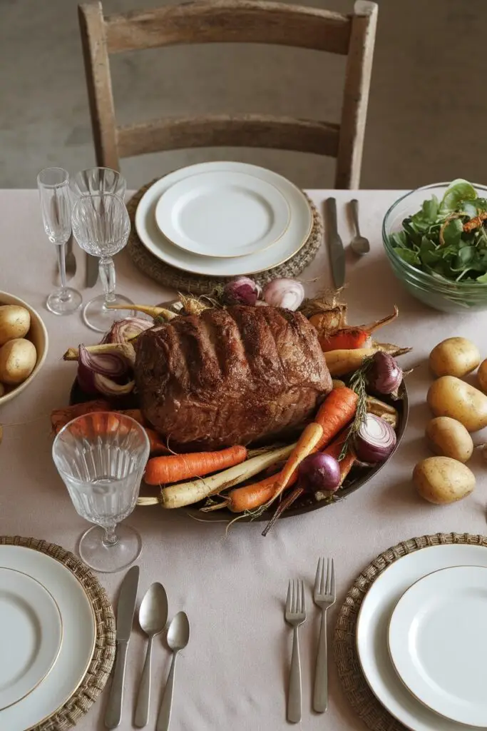 Traditional Sunday roast lamb with root vegetables and potatoes on linen-covered table. Roast Lamb recipes for Easter family meal with seasonal produce.