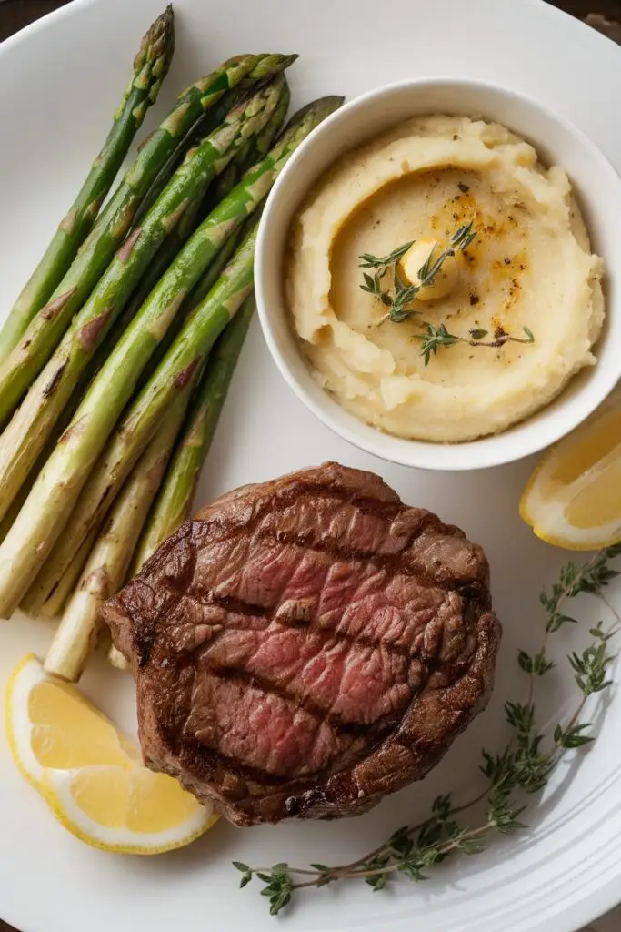 Medium-rare Cowboy steak with grill marks on a white plate, accompanied by a bundle of grilled asparagus spears, a ramekin of creamy mashed potatoes topped with butter and thyme, lemon wedges, and fresh herb garnish.