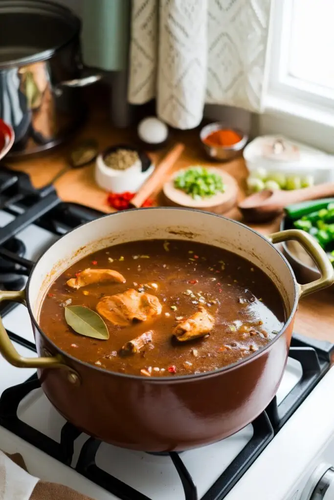 A large copper-colored Dutch oven containing gumbo with visible meat pieces and a bay leaf, simmering on a stovetop with various prepared ingredients and spices in small bowls visible in the background.