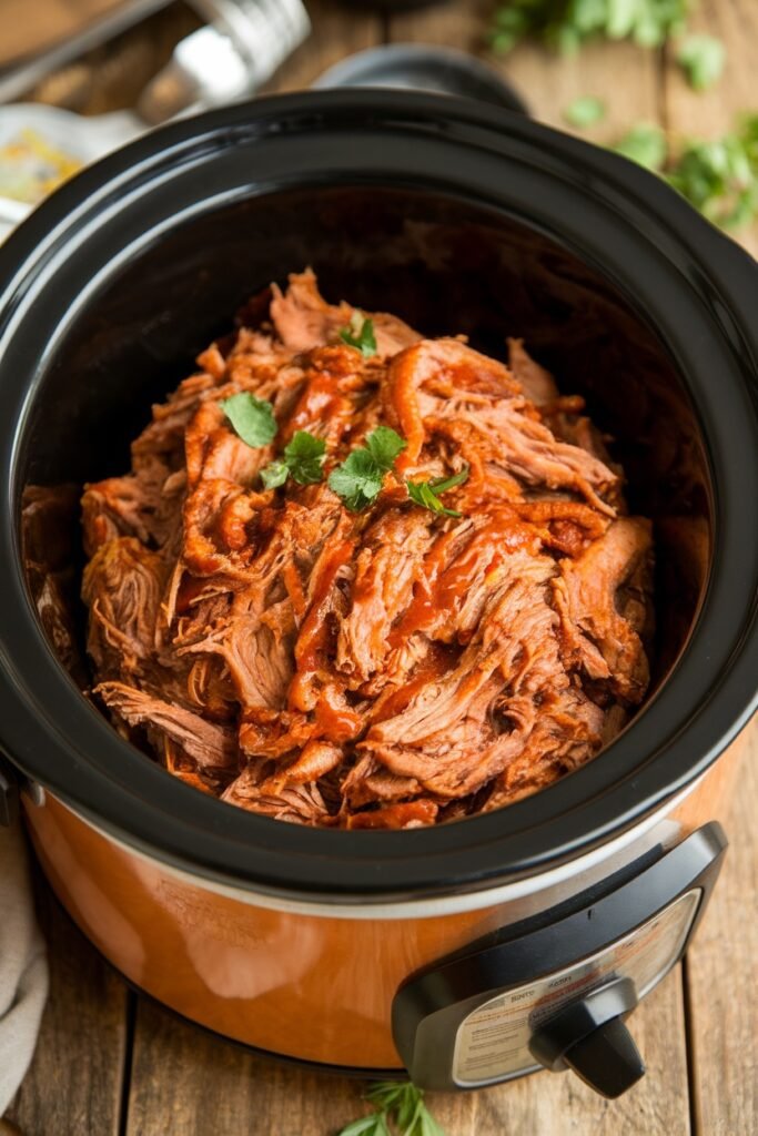 Tender shredded pulled pork with barbecue sauce in an orange slow cooker, garnished with fresh herbs.