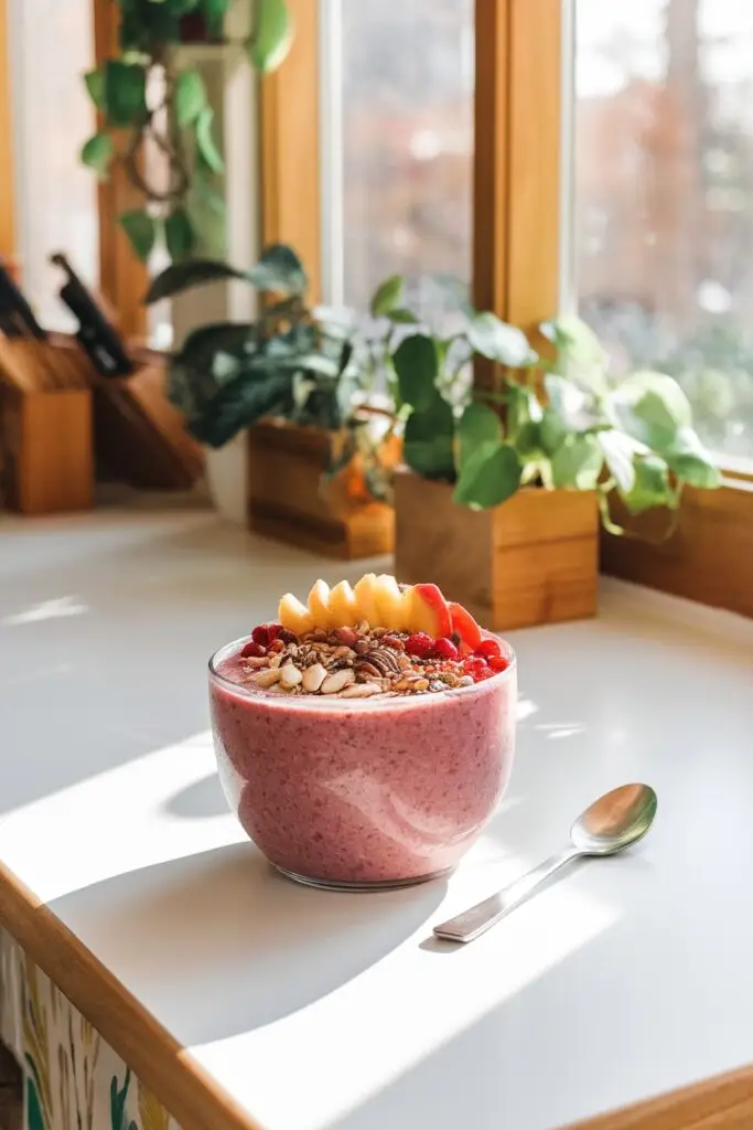 Breakfast a pink berry smoothie bowl in a white bowl topped with fresh fruit slices, berries, and nuts, placed on a bright white surface near a window with houseplants, accompanied by a silver spoon.