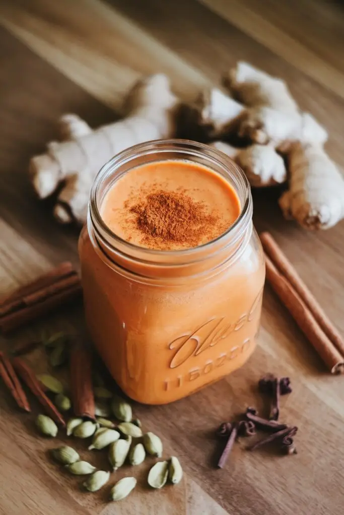 A carrot smoothie in a mason jar, surrounded by ginger, cinnamon sticks, and cardamom.