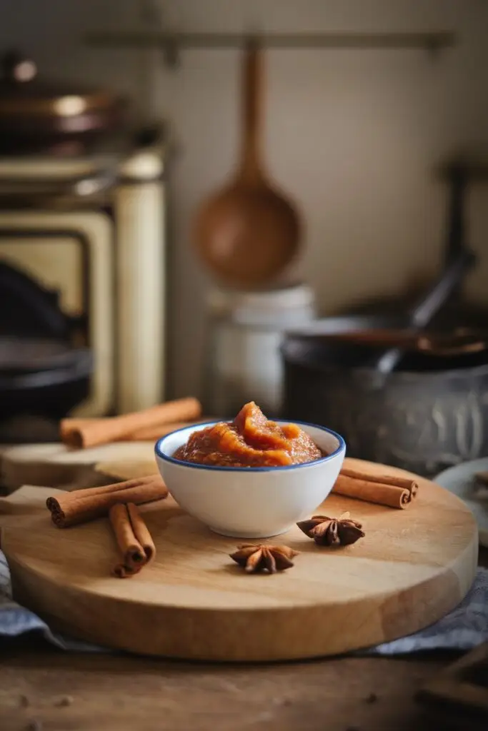 Smooth amber-colored fig preserves or compote in a small white bowl with blue rim, surrounded by cinnamon sticks and star anise on a wooden cutting board, with blurred rustic kitchen elements in the background.