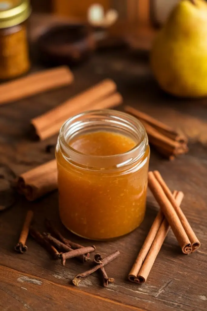 Small jar of smooth pear jam surrounded by cinnamon sticks arranged in a star pattern on a dark wooden surface with fresh pear in the background.