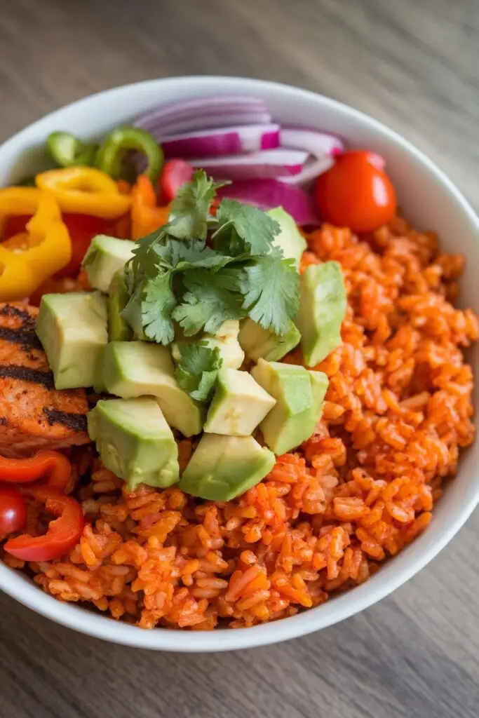 Salmon recipe bowl with seasoned salmon, Spanish red rice, diced avocado, bell peppers, red onion, and fresh cilantro.