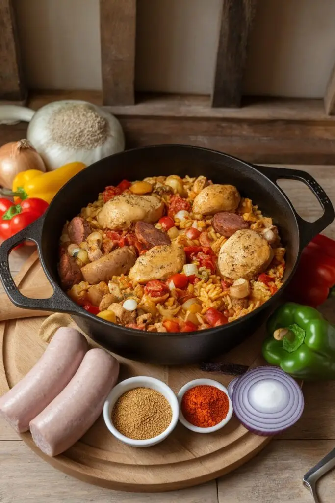 Chicken and sausage jambalaya in cast iron skillet surrounded by fresh ingredients including bell peppers, garlic, onions, sausage links, and bowls of spices.