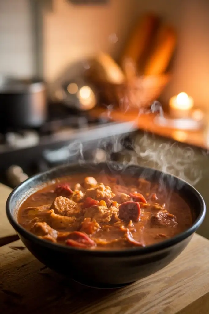 A steaming bowl of meat-based gumbo with visible pieces of sausage and other proteins in a rich brown broth, set on a wooden board with steam rising from the surface.