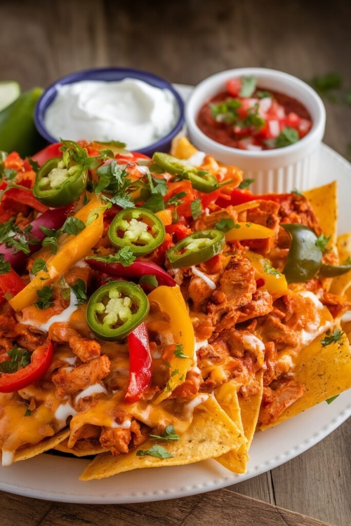 Vibrant chicken fajita nachos loaded with seasoned shredded chicken, melted cheese, colorful bell peppers, jalapeños, and fresh cilantro, served with sour cream and pico de gallo for the ultimate nacho fiesta experience.
