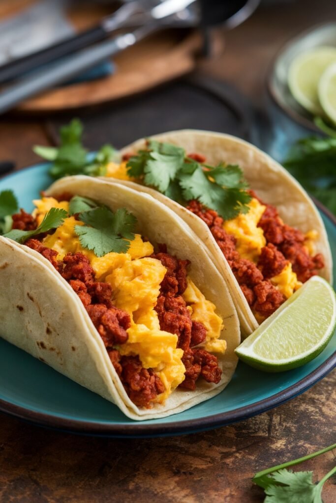 Chorizo and egg breakfast tacos with cilantro and lime on a teal blue plate.