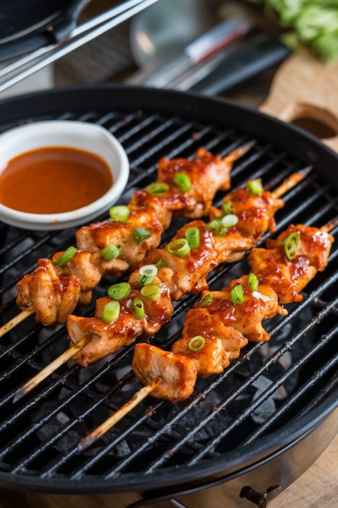 Grilled chicken skewers glazed with spicy honey garlic sauce, topped with fresh green onions.