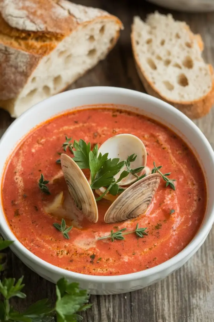 Bowl of tomato-based Manhattan clam chowder with its distinctive red broth, visible clam shells, and fresh green herb garnish, served with slices of crusty artisan bread on a rustic wooden surface.