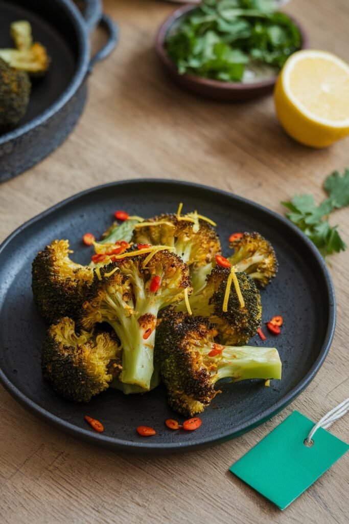Spicy roasted broccoli with red chili flakes and lemon zest on a black plate, featuring caramelized edges and bright flavor accents. A flavorful side dish for Easter ham recipes.