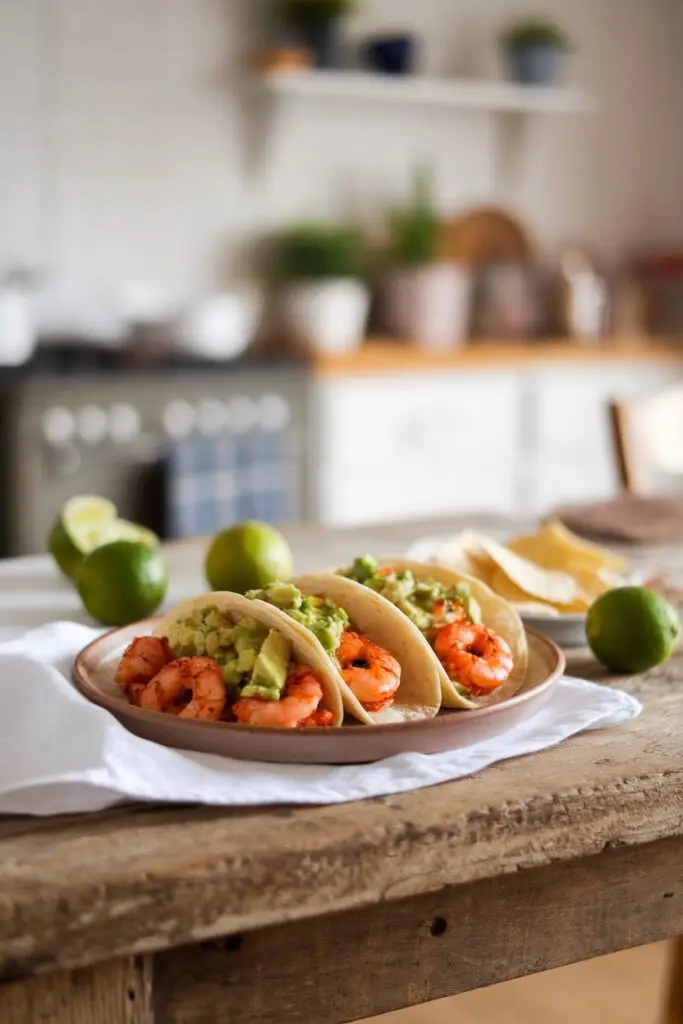 Homemade shrimp tacos with seasoned shrimp and creamy guacamole served on soft corn tortillas with fresh limes on a rustic wooden table, a festive option alongside traditional Easter ham recipes.