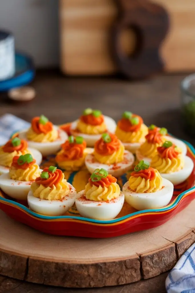 Colorful deviled eggs with dual-colored yellow and red piped filling topped with green onions, arranged on a decorative red and blue rimmed plate set on a wooden slice.