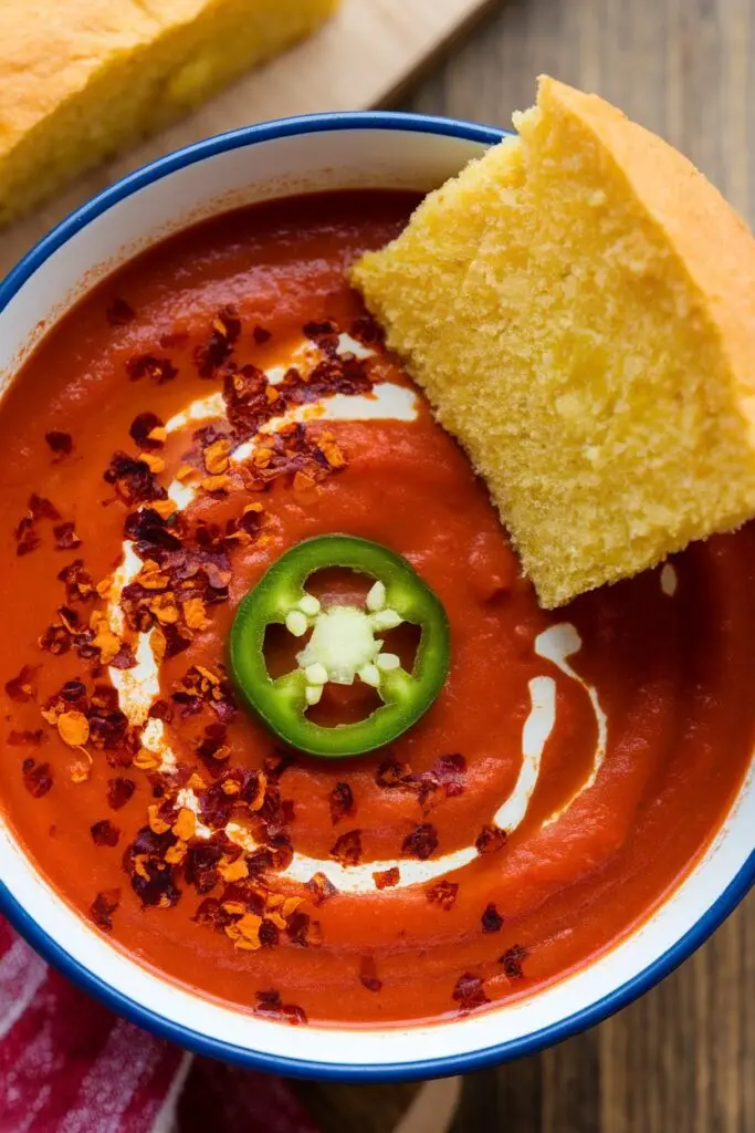 Spicy tomato soup in blue-rimmed bowl with cream swirl, red pepper flakes, jalapeño slice and yellow cornbread on wooden surface.