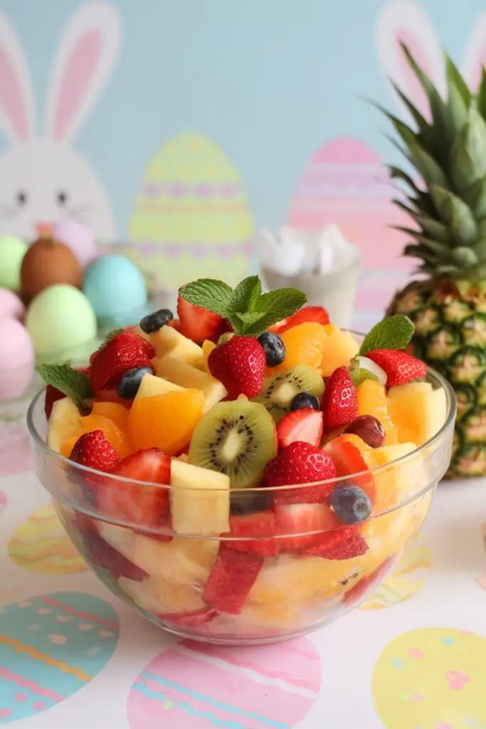 Colorful tropical fruit salad in a glass bowl with strawberries, kiwi, pineapple, and blueberries, displayed with Easter bunny and egg decorations in the background.