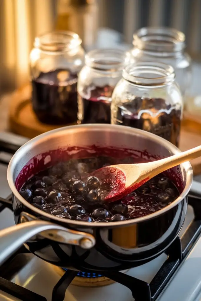 A pot of blueberries cooking on a stove, with jars of jam in the background.