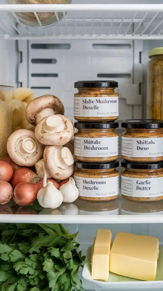Jars of Shiitake Duxelles in a refrigerator, perfect for prepping Easter recipes.