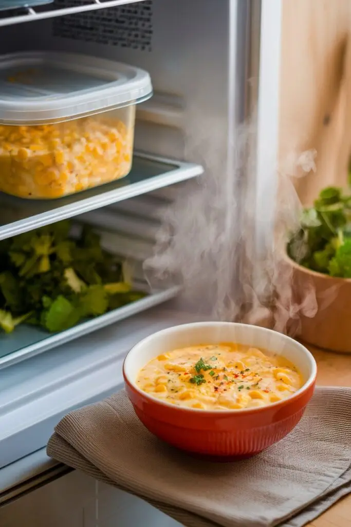 Steaming hot corn chowder in a red bowl being reheated beside an open refrigerator, demonstrating leftovers convenience similar to Easter ham recipes that taste better the next day.