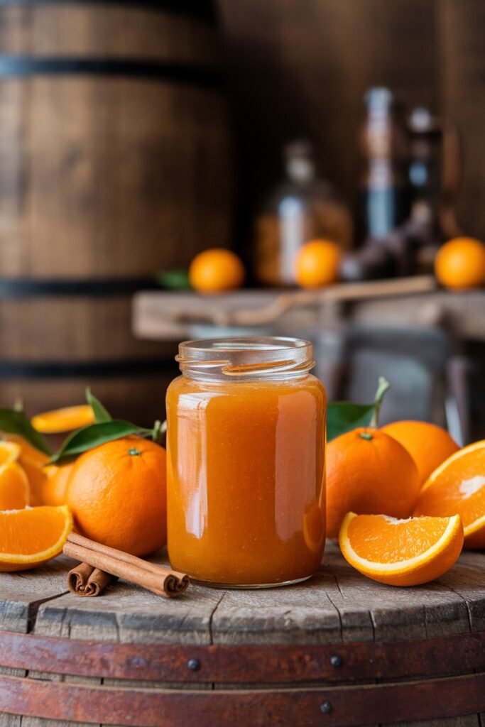 Jar of orange marmalade surrounded by fresh oranges, orange slices, cinnamon sticks, and green leaves on a wooden barrel surface.