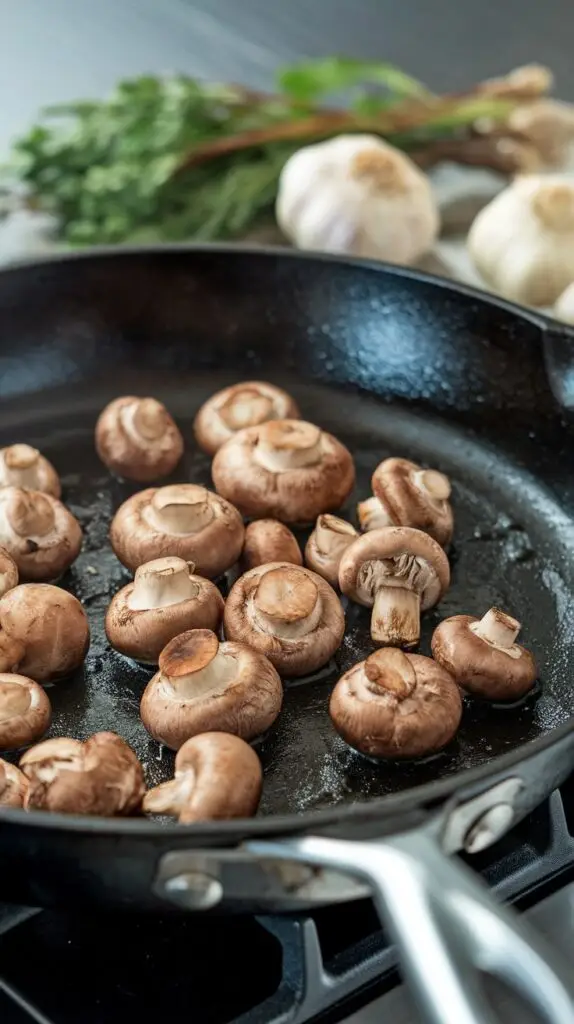 Shiitake Mushrooms sautéing in a pan, a perfect side for Easter ham recipes.