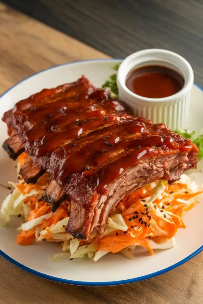 A close-up of glazed spare ribs with visible smoke marks served on a white plate with blue rim over a bed of shredded cabbage and carrot slaw, accompanied by a small cup of additional sauce.