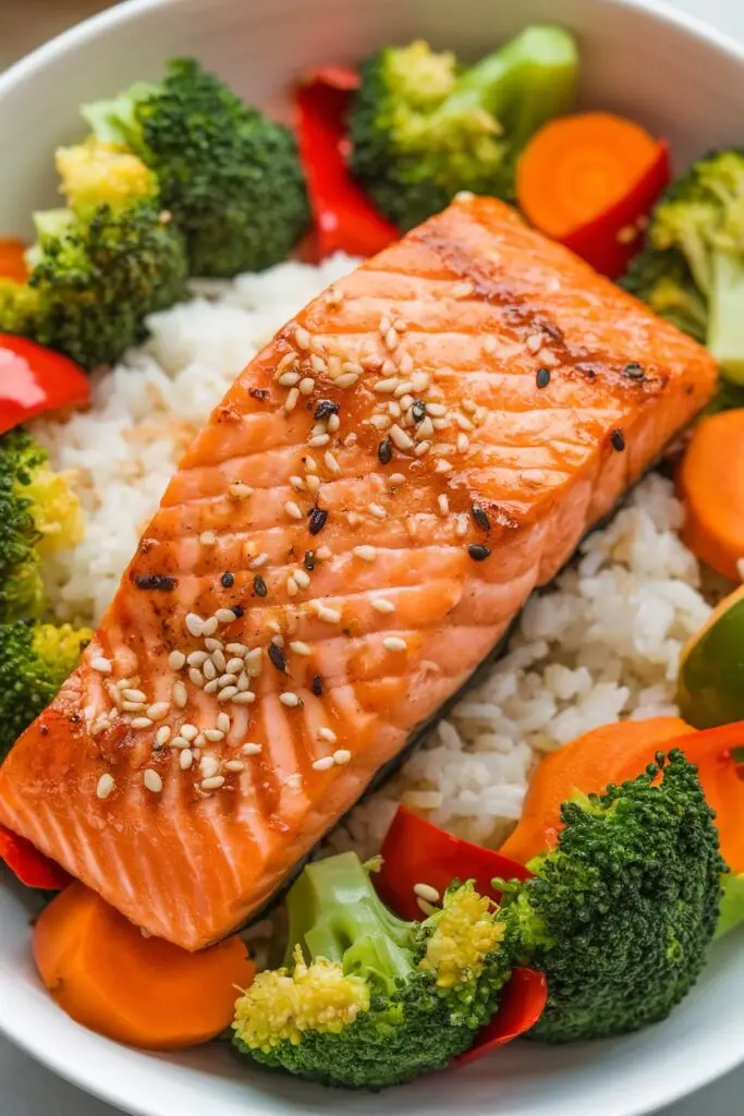 A teriyaki-glazed salmon fillet placed over a bed of fluffy rice, surrounded by vibrant stir-fried vegetables.