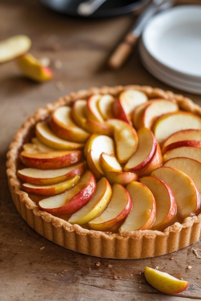 An unbaked apple tart with thinly sliced red apples arranged in an elegant concentric circular pattern in a fluted-edge pastry shell on a wooden surface.