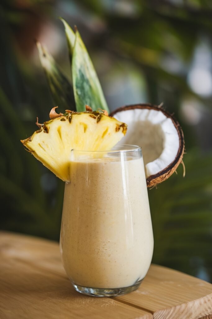 Creamy tropical banana smoothie in a clear glass garnished with a fresh pineapple wedge, with a halved coconut visible in the background, served on a wooden surface with a natural green backdrop.