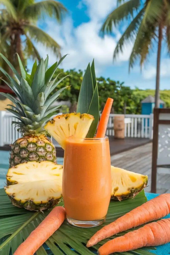 A tropical carrot and pineapple smoothie with fresh pineapple slices and carrots