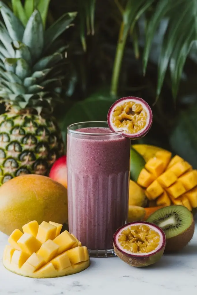 A purple-pink passion fruit smoothie in a tall glass garnished with a passion fruit slice, surrounded by fresh tropical fruits including pineapple, mango, kiwi, and berries.