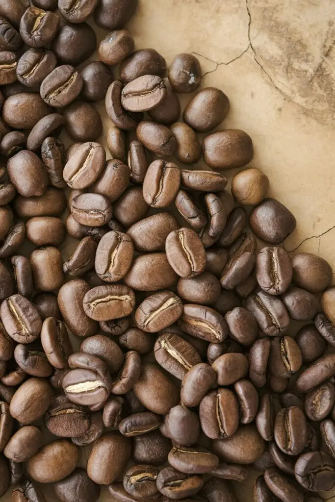 Close-up of dark roasted robusta coffee beans showing their characteristic round shape and straight center cut - these premium coffee beans create robust beverages that contrast nicely with Easter ham recipes and other holiday dishes.