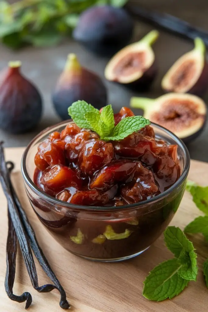 Chunky dark fig preserves in a clear glass bowl garnished with fresh mint leaves, surrounded by whole and halved fresh figs, vanilla beans, and mint sprigs on a wooden cutting board.